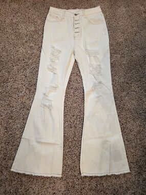 Source Unknown White High-Waist Distressed Flare Jeans